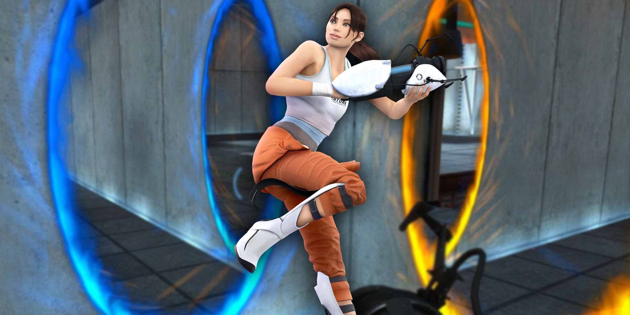 Chell from Portal jumping between portals