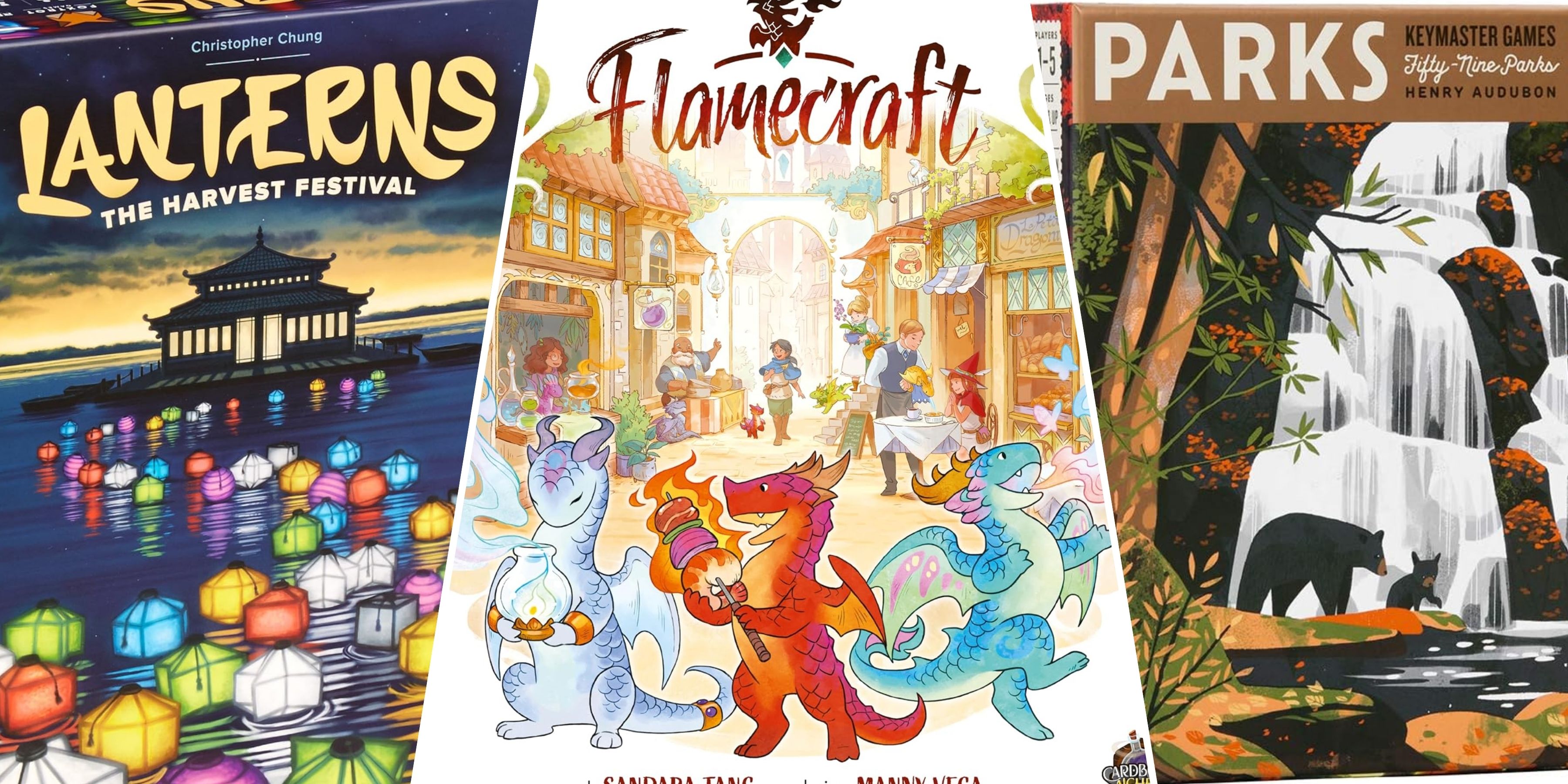 Split image of Lanterns the Harvest Festival, Flamecraft, and Parks board game boxes.