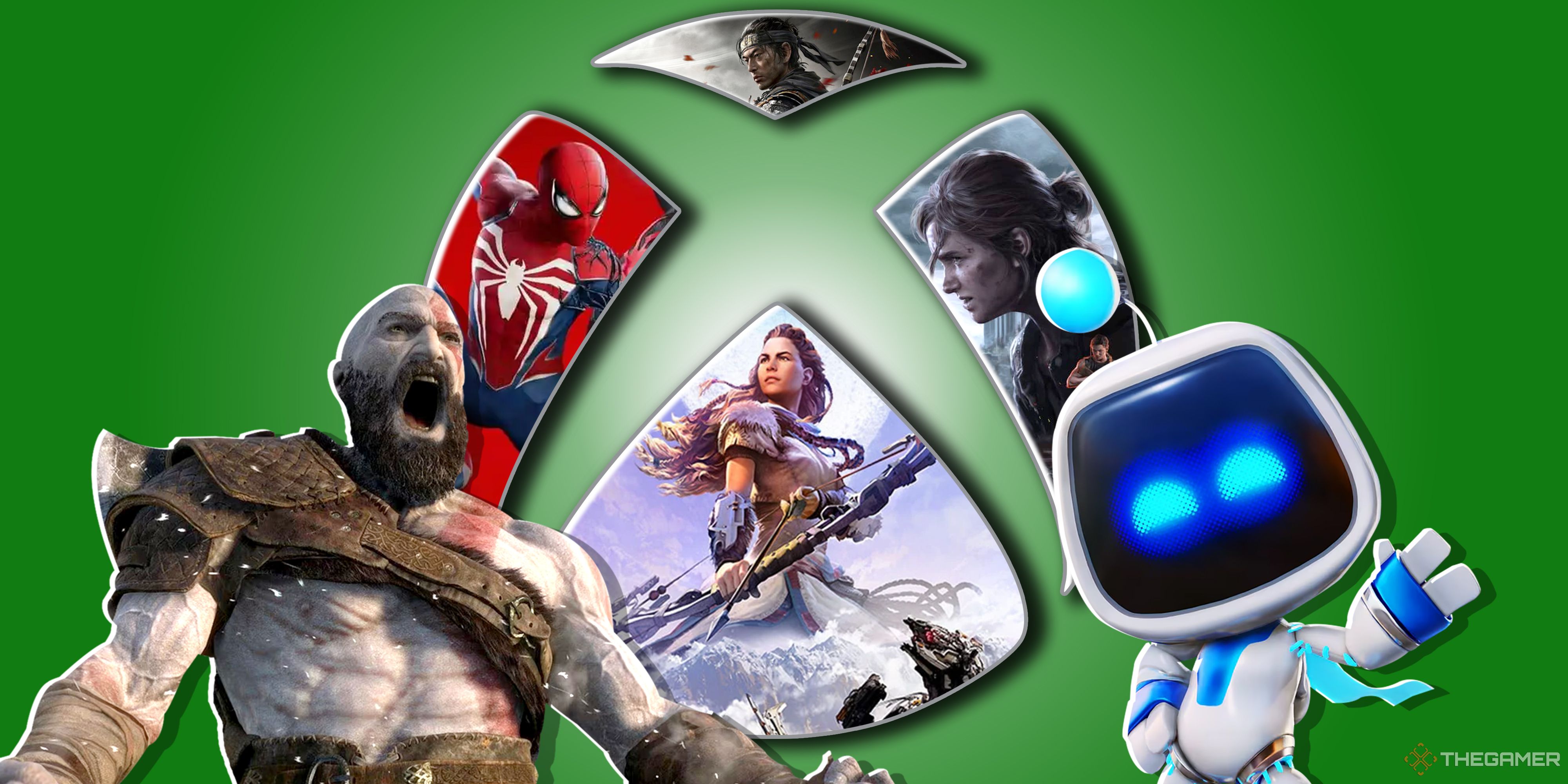 The Xbox logo filled with images from Ghost of Tsushima, The Last of Us Part 2, Horizon Zero Dawn, and Spider-Man, with Kratos and Astro Bot in the foreground.