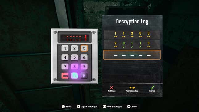 A keypad is displayed next to a Decryption Log that tracks the potentially correct code.