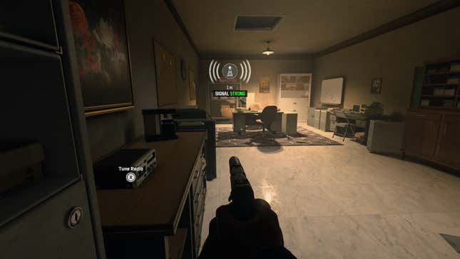 The player stands next to a radio they can tune, while at the opposite end of the room is a safe and a sunflower portrait.