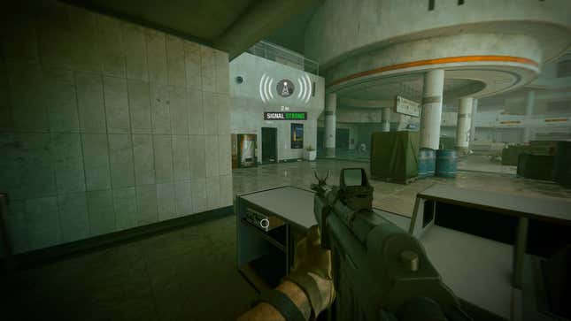  With a radio in front of them, the player aims their gun towards an open room a short distance away.