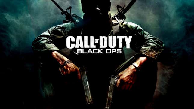 A soldier crouches behind a Call of Duty logo while holding two guns.