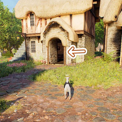 An orange arrow points the entrance of a medieval village building in Goat Simulator Remastered