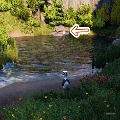 An orange arrow points the trophy that is next to a lake in Goat Simulator Remastered