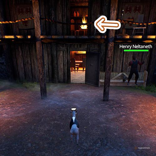 An orange arrow points the trophy that is on the second floor of a house at Twistram area in Goat Simulator Remastered