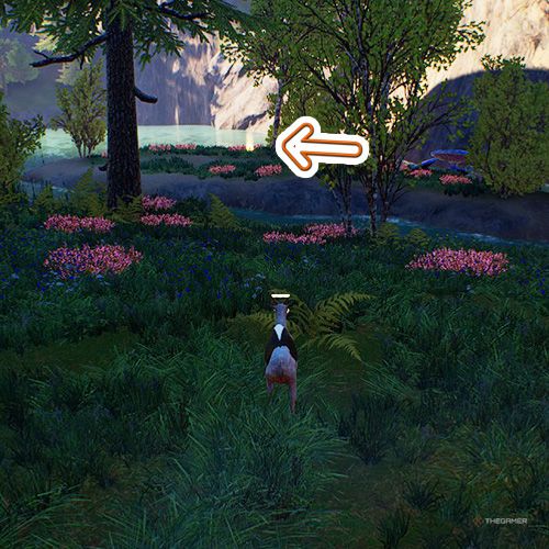 An orange arrow points the trophy that is on a distant island at Twistram in Goat Simulator Remastered