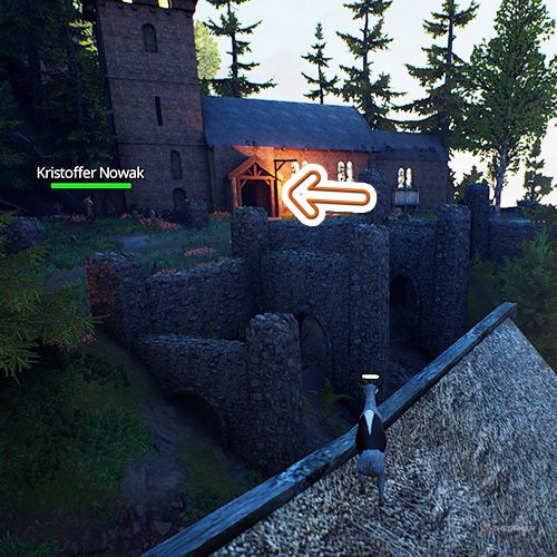 An orange arrow points the entrance of a medieval cathedral in Goat Simulator Remastered