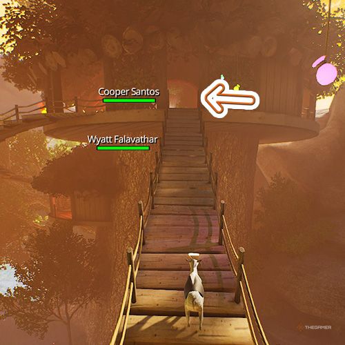 An orange arrow points the entrance of a tree house in Goat Simulator Remastered