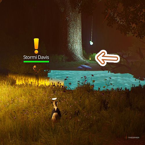 An orange arrow points the trophy that is next to a massive tree near a dancing NPC in Goat Simulator Remastered