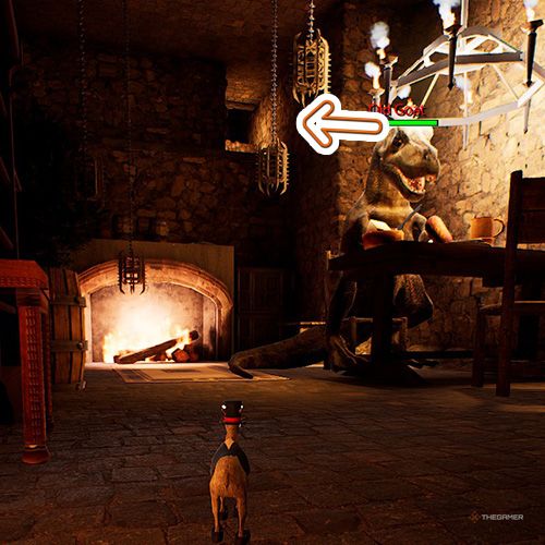 An orange arrow points the entrance which is above a fireplace next to a dining dinosaur in Goat Simulator Remastered