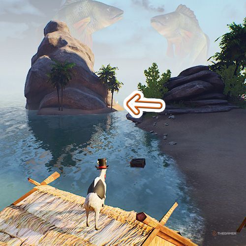 An orange arrow points the trophy that is on a distant island which has a giant rock on it in Goat Simulator Remastered