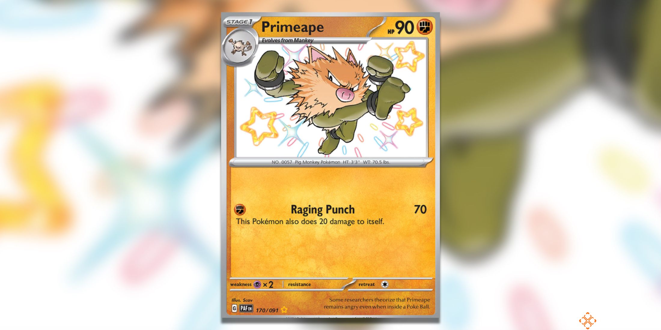 The Primeape Shiny Holo Rare from Paldean Fates in the Pokemon TCG.