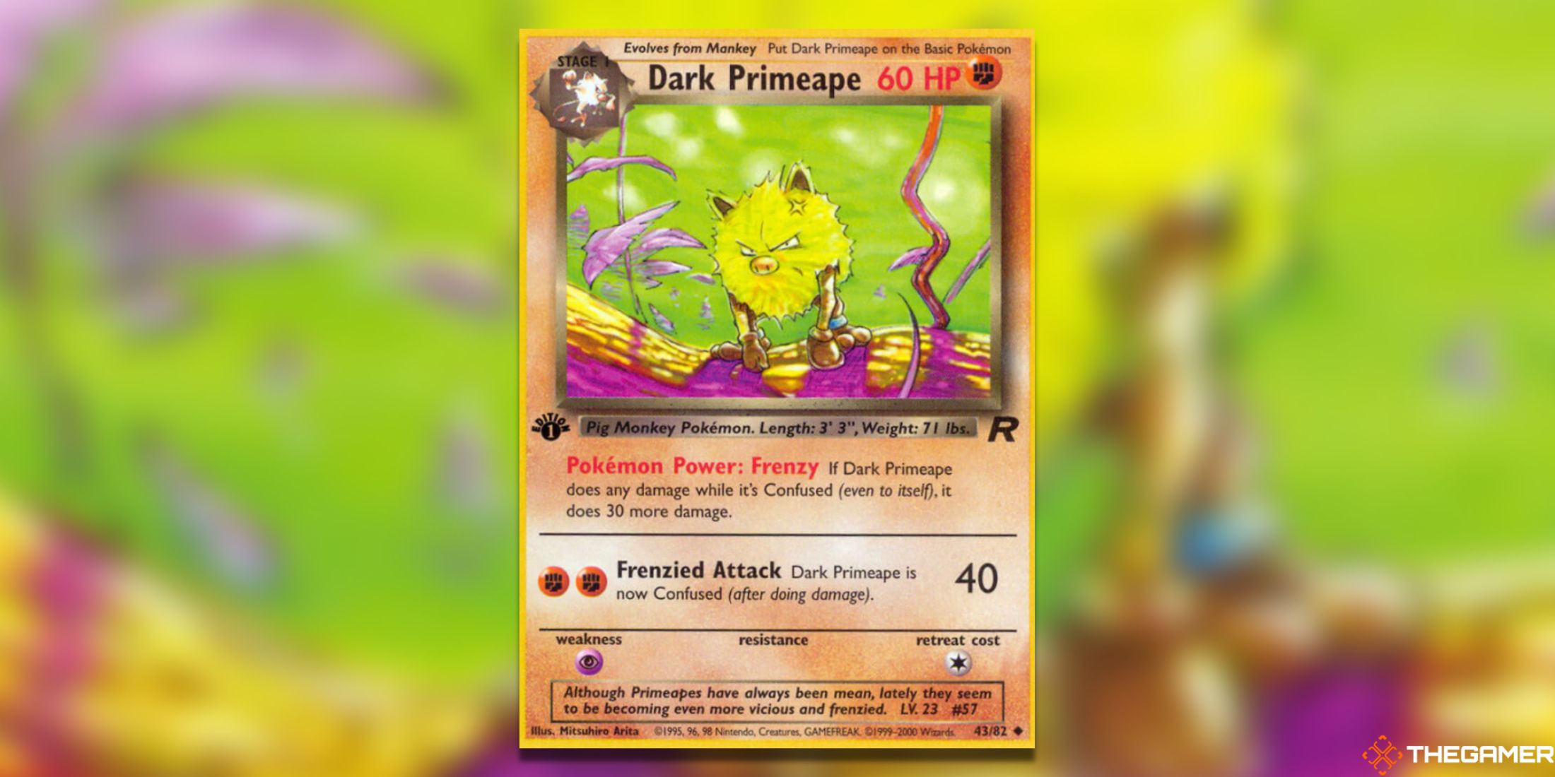 The Primeape from Team Rocket First Edition in the Pokemon TCG.