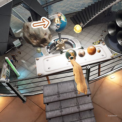 An orange arrow points the trophy that is inside a shattered globe model in Goat Simulator Remastered