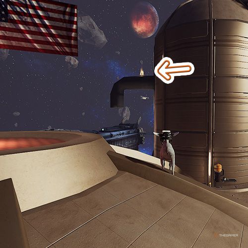 An orange arrow points the trophy that is on a pipe which is attached to a capsule-like building in Goat Simulator Remastered