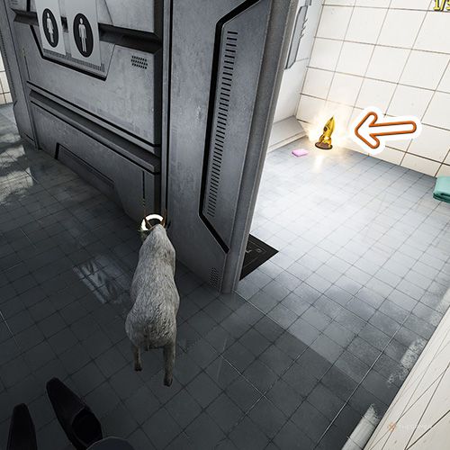 An orange arrow points the trophy that is inside the men's bathing area in Goat Simulator Remastered