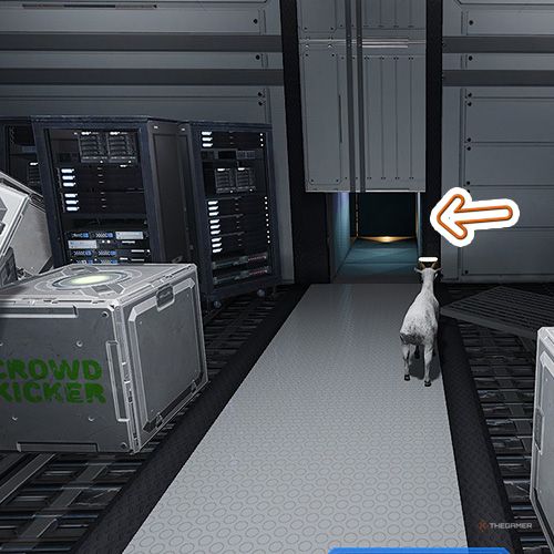 An orange arrow points the vent shaft entrance inside the server room in Goat Simulator Remastered