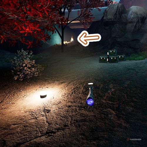 An orange arrow points the trophy that is under a white-colored platform in Goat Simulator Remastered