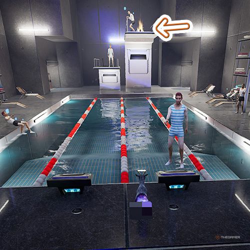 An orange arrow points the trophy that is on the diving platform in Goat Simulator Remastered