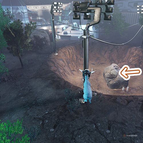 An orange arrow points a meteor inside a crater in Goat Simulator Remastered