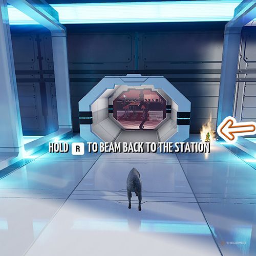 An orange arrow points the trophy that is on the right side of the restaurant gate in Goat Simulator Remastered