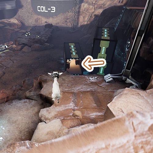 An orange arrow points the trophy that is inside a single container at the quarry area in Goat Simulator Remastered