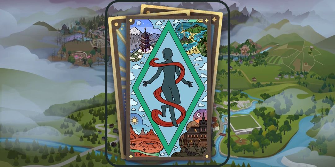 A tarot card showing a figure in a diamond. Four different Sim neighborhoods are shown around the four corners of the diamond.