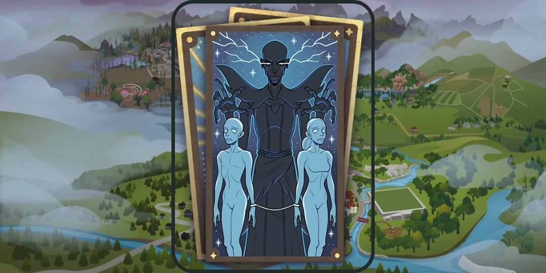 A tarot card showing an evil sorcerer cursing two Sims.