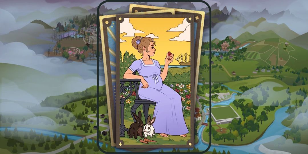 A tarot card showing a pregnant Sim in purple eating a strawberry. Rabbits play at her feet.