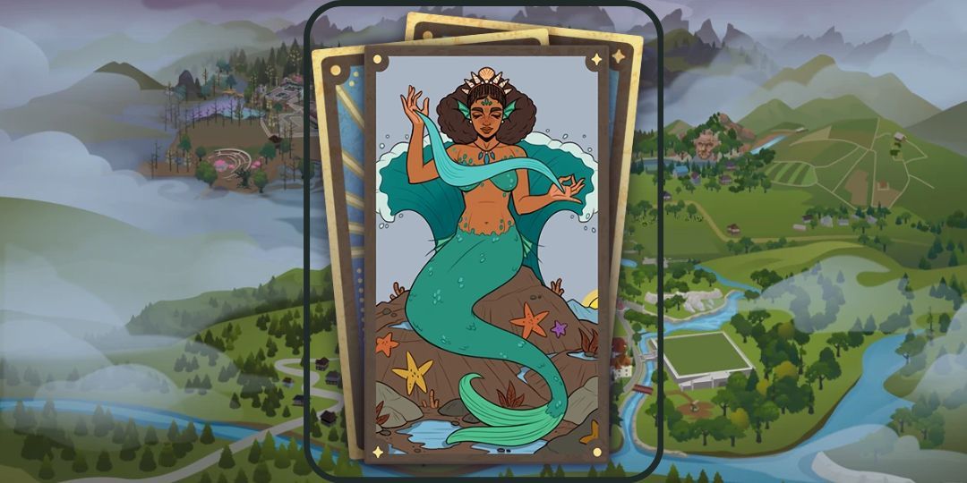 It is a tarot card with an image of a siren sitting on a rock surrounded by the ocean.