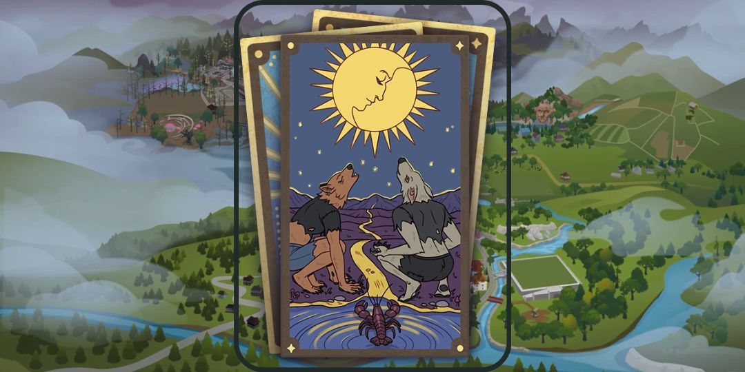 It is a tarot card with an image of two werewolves howling at the moon.