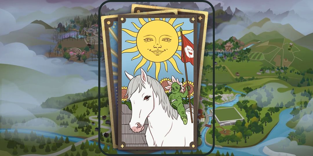 It is a tarot card with an image of a plant sim baby riding a horse under the sun.