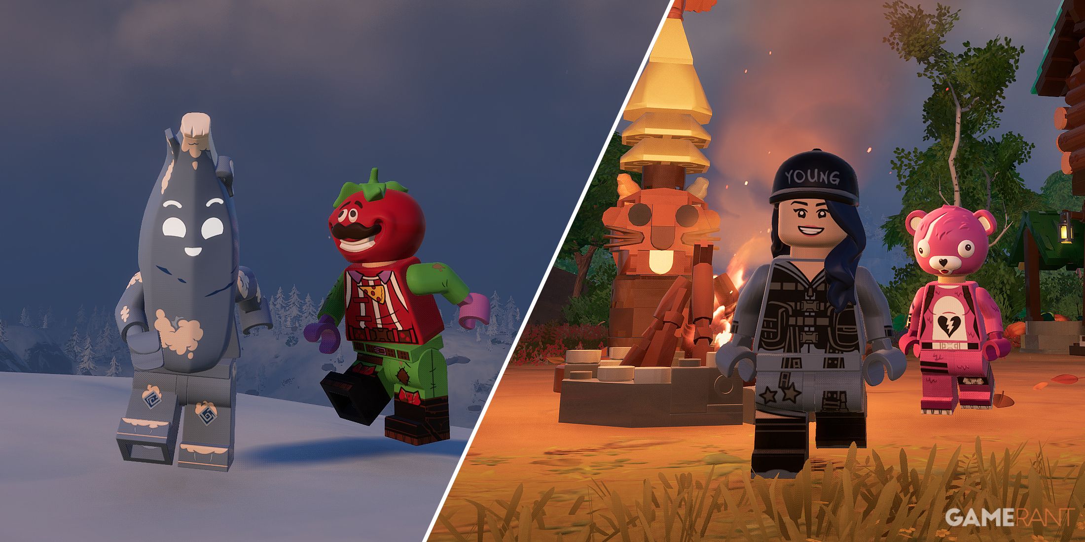 Split-image showcasing different Villagers in LEGO Fortnite