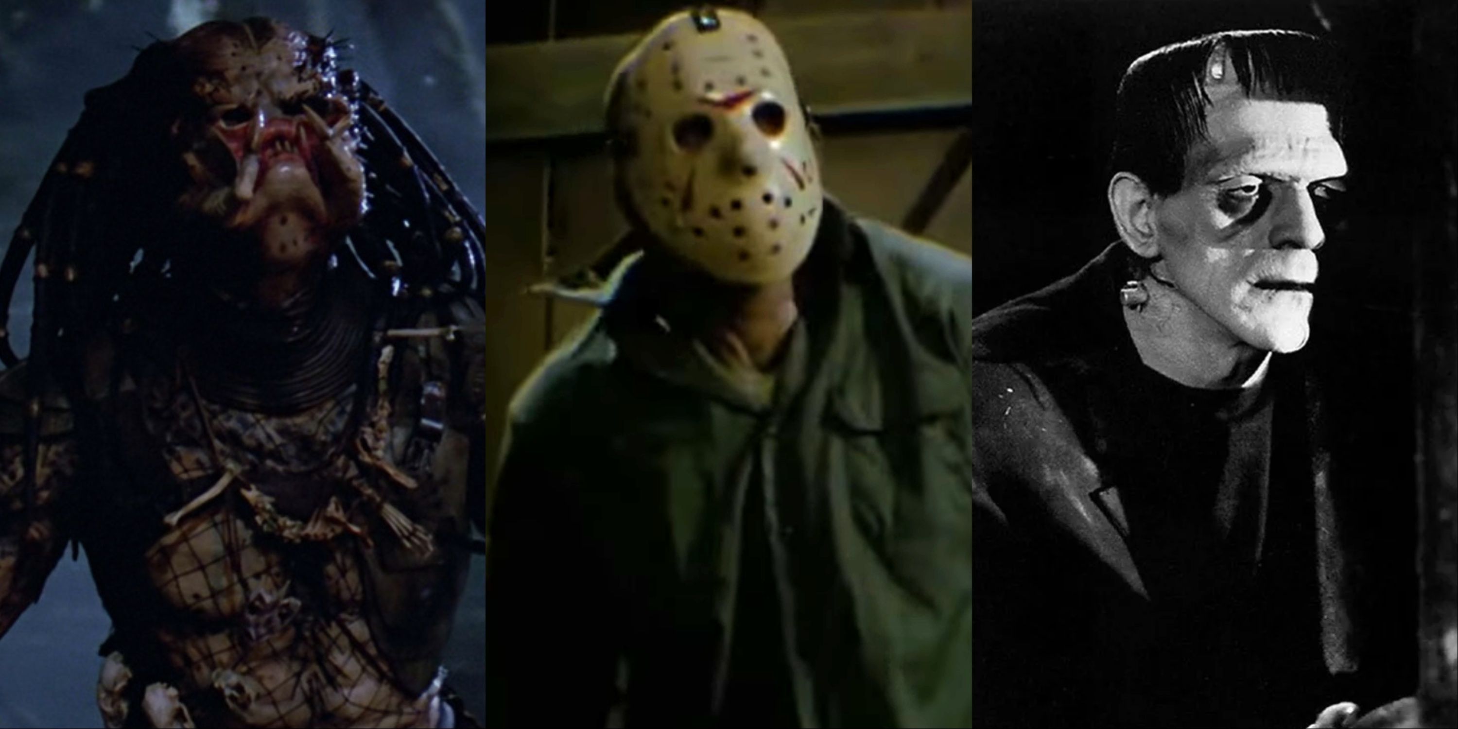 Split image of Predator, Friday The 13th, and Frankenstein