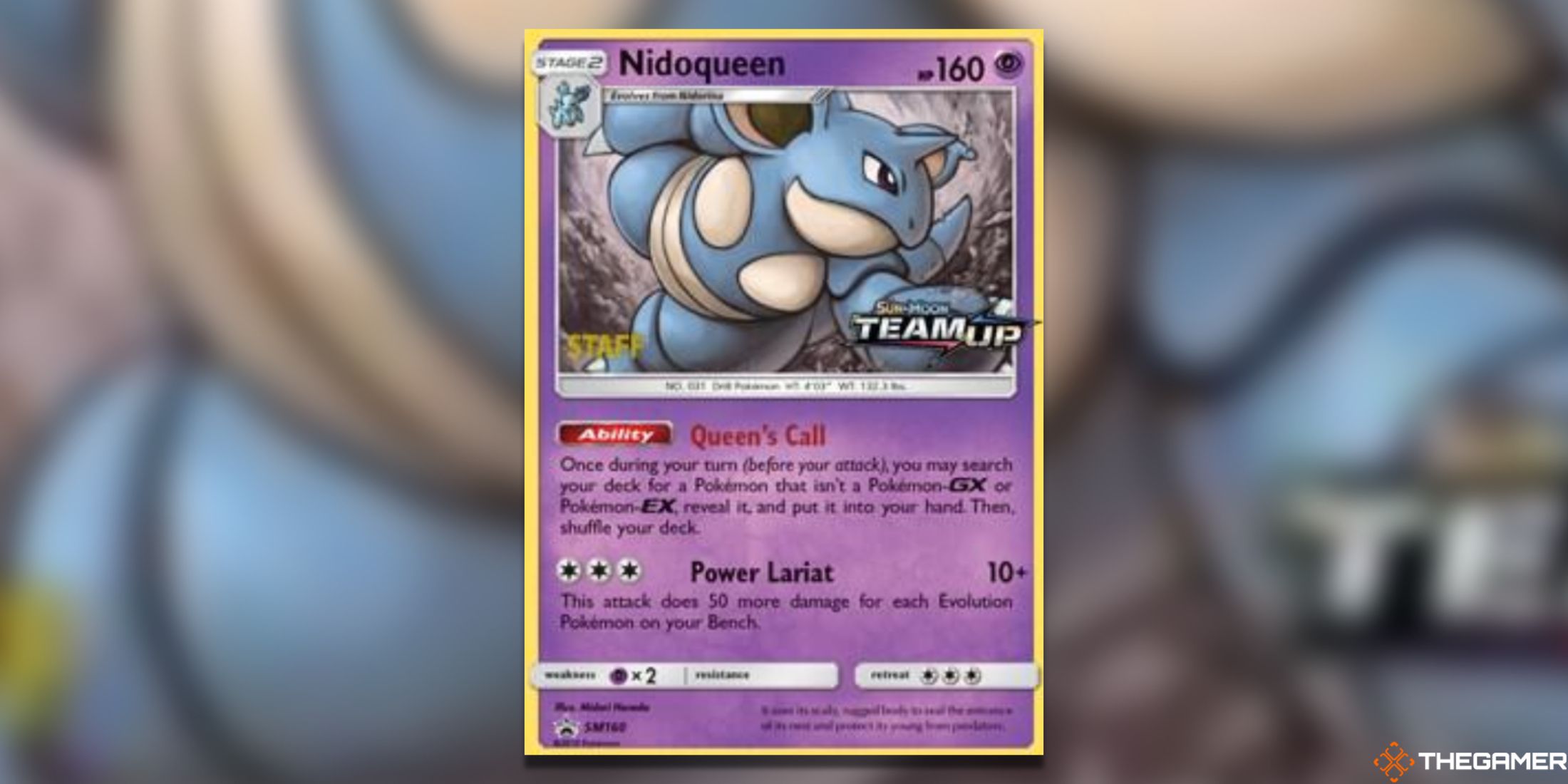 The Nidoqueen Sun and Moon Team Up Promo from the Pokemon TCG.