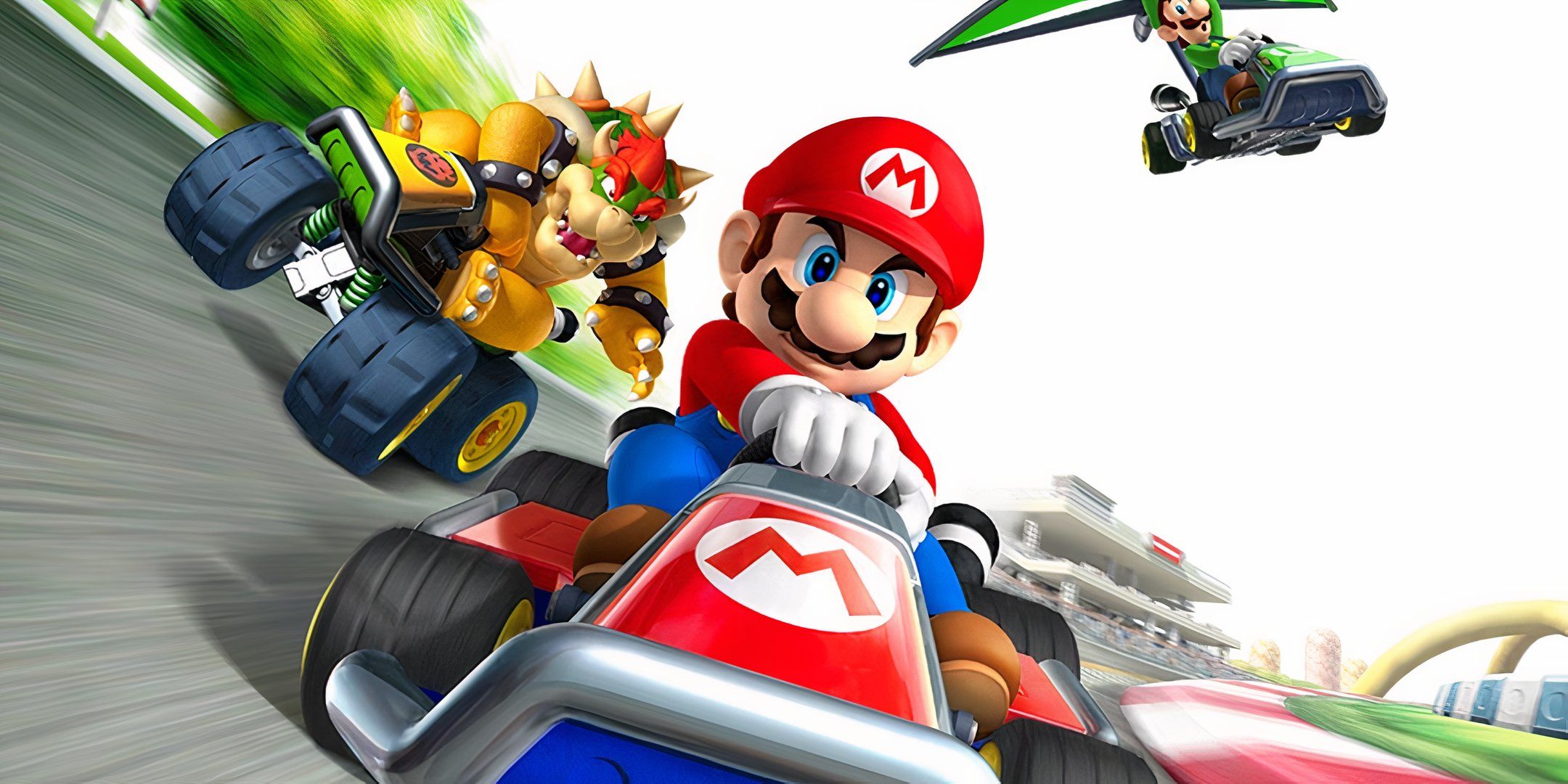 Mario, Bowser, and Luigi driving around a course in Mario Kart 7.