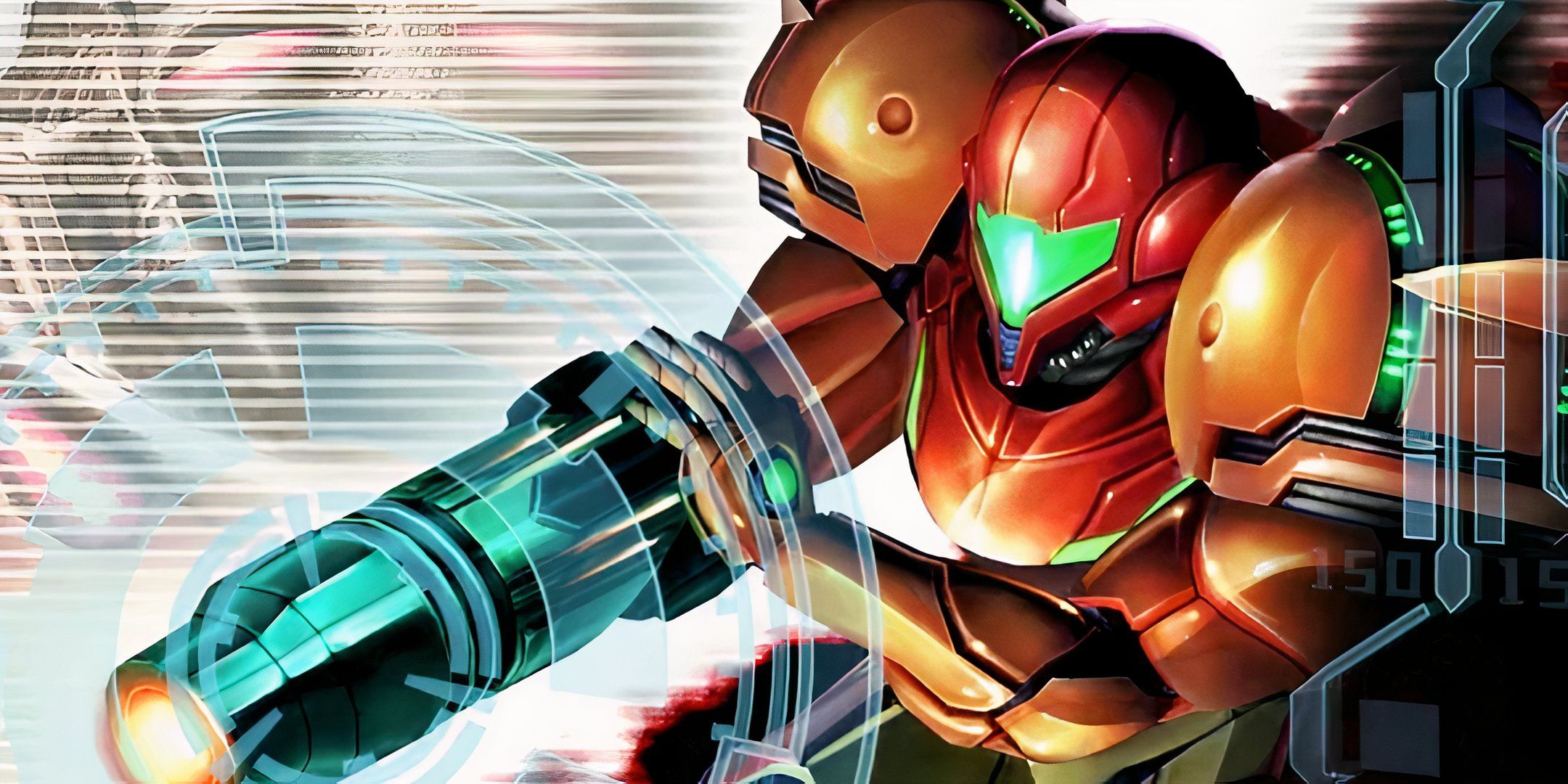 Samus pointing her blaster on the front cover of Metroid Prime 2. 