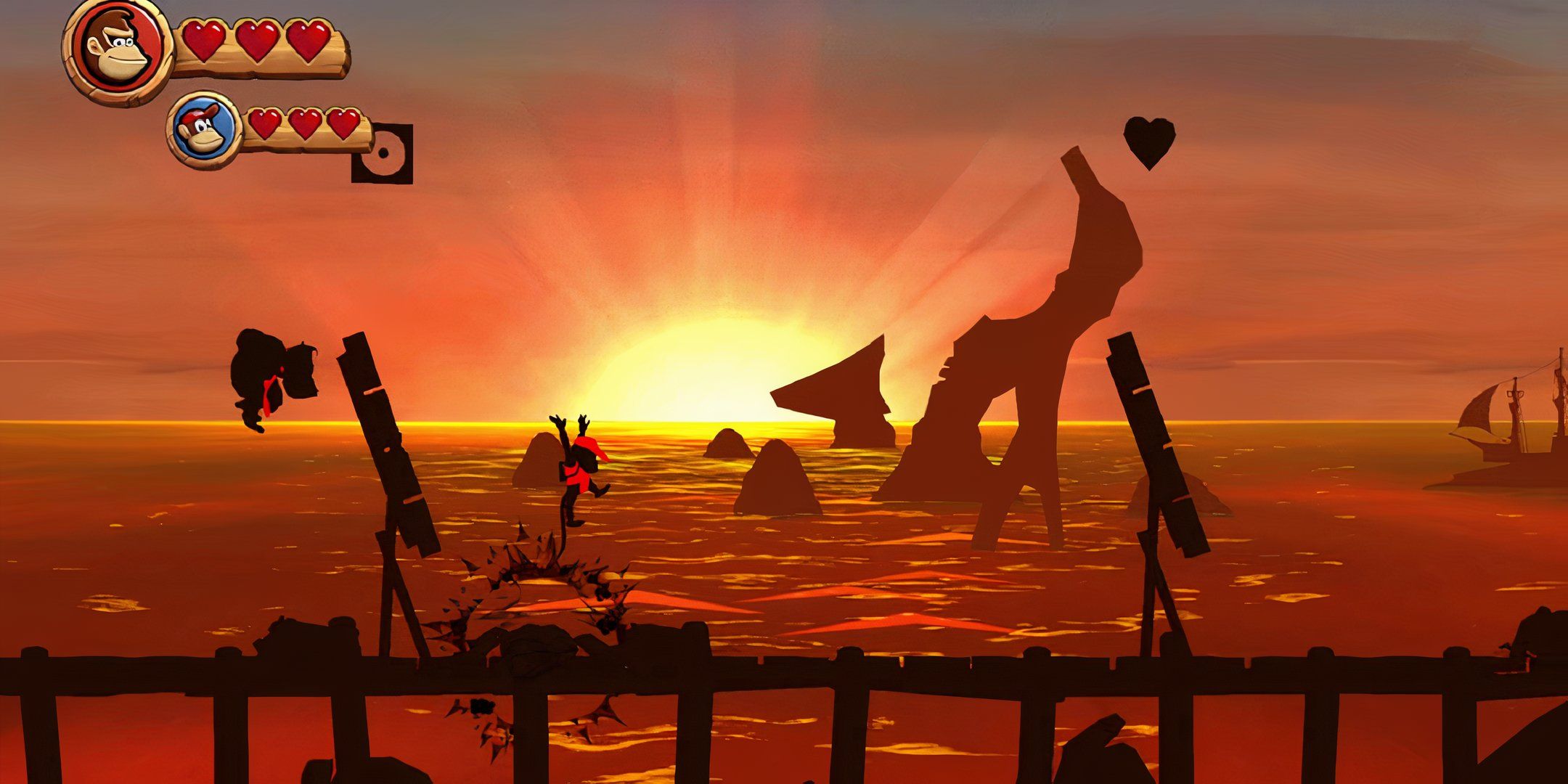 Donkey and Diddy Kong jumping against a sunset in Donkey Kong Country Returns.