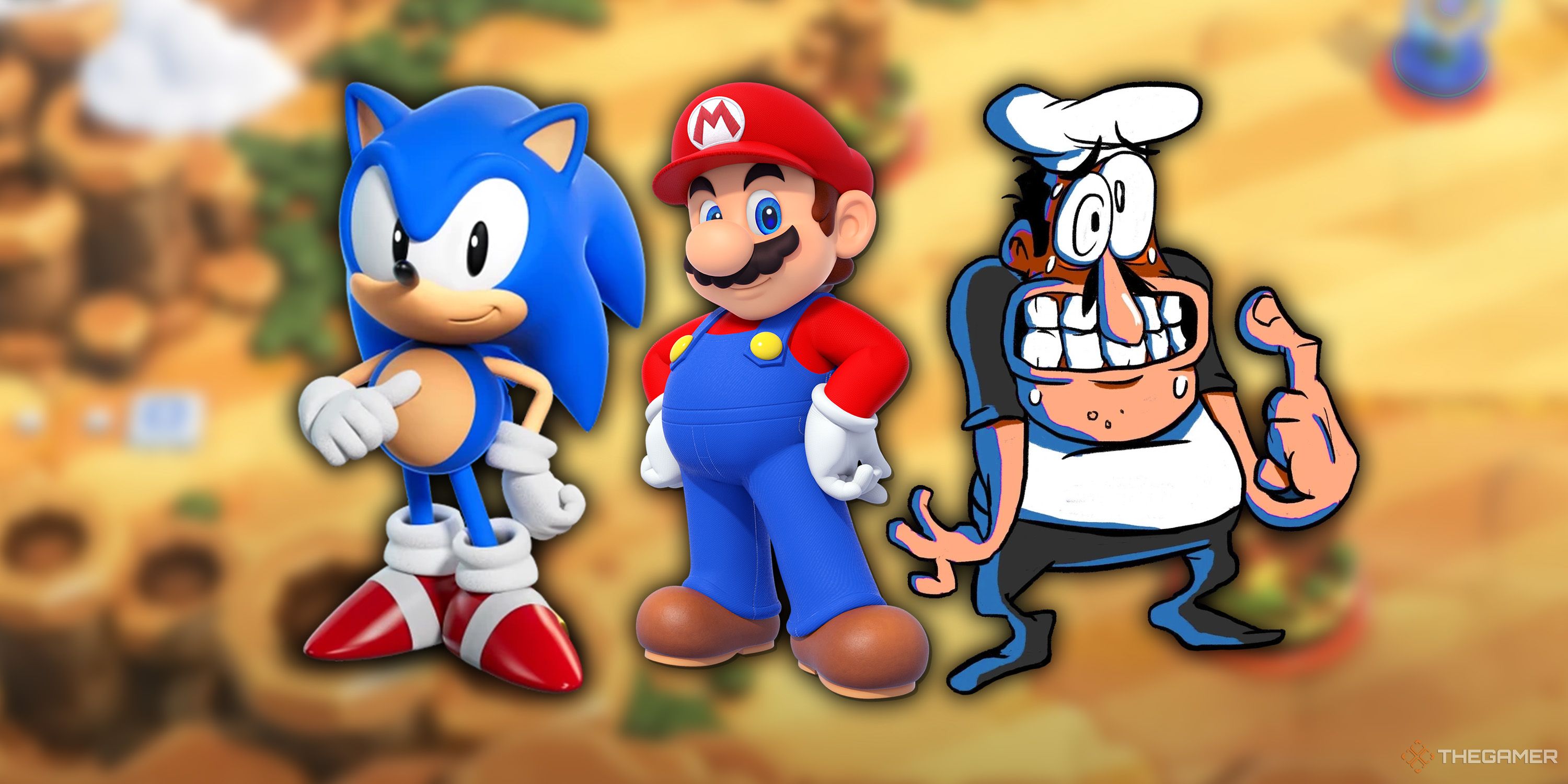 Sonic, Mario, and Peppino standing in a desert.