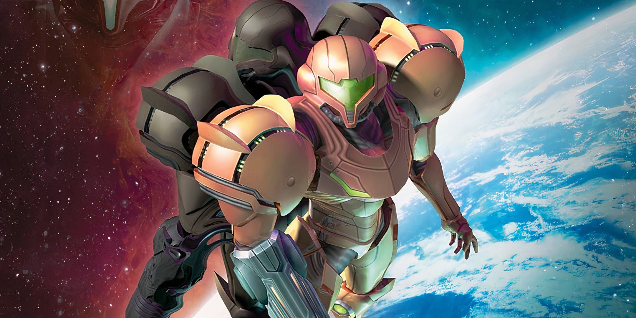 Samus and Dark Samus back to back over a planet in Metroid Prime 3.