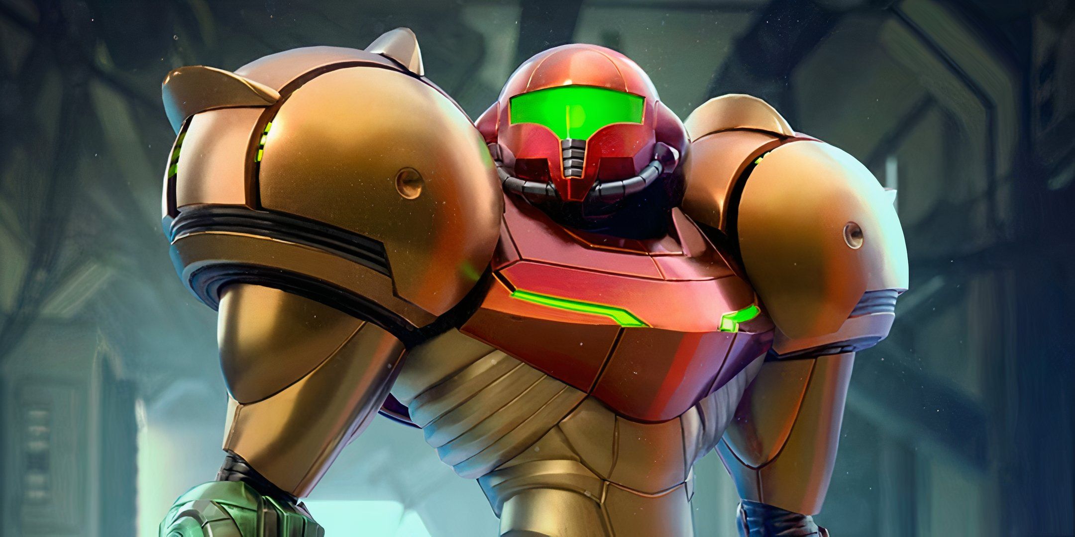 Samus standing in front of a mechanical background in Metroid Prime.