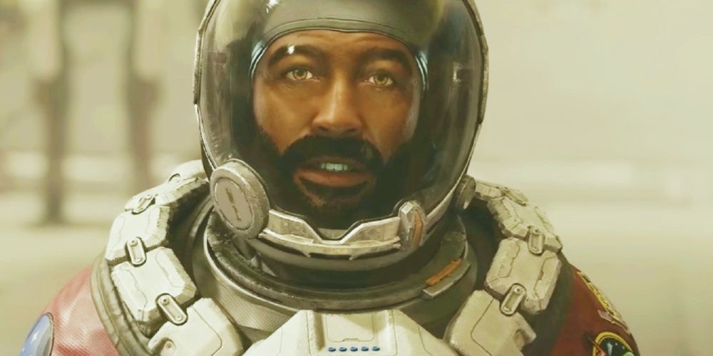 Starfield screenshot of Barrett facing the camera in his space suit.