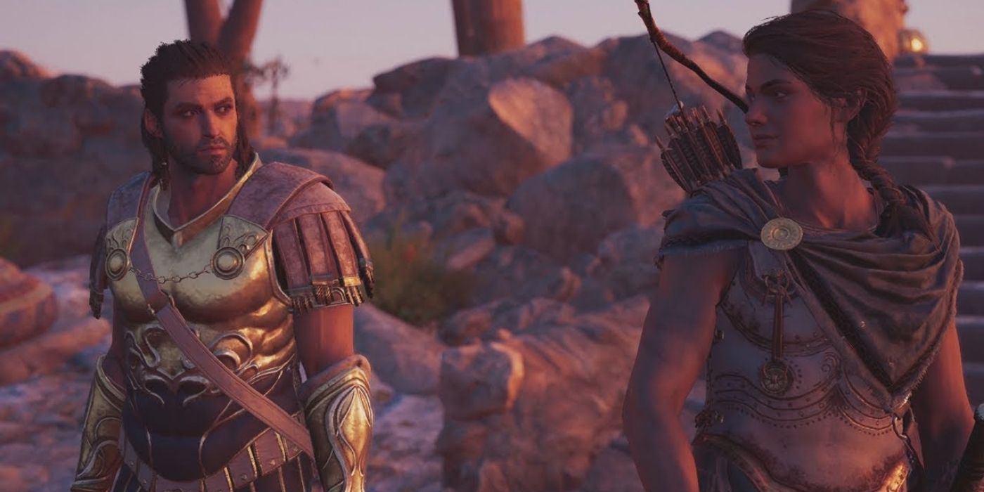 Assassin's Creed Odyssey screenshot of Kassandra and Deimos looking at one another.