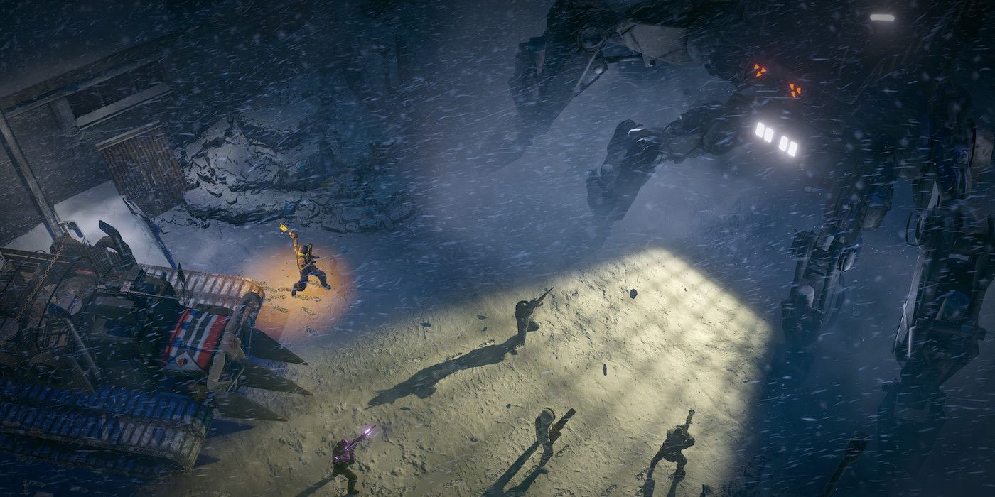 Wasteland 3 screenshot of people in snow aiming their weapons.