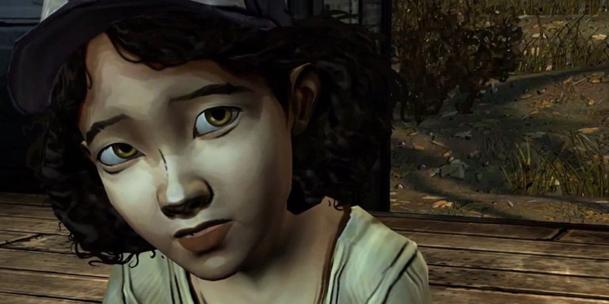 The Walking Dead screenshot of Young Clementine looking up.