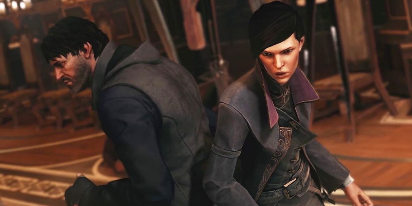 Dishonored 2 screenshot of Corvo and Emily fighting back to back.