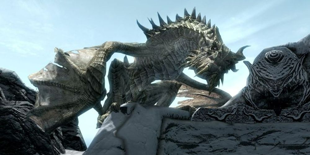 Screenshot of Paarthurnax in Skyrim.