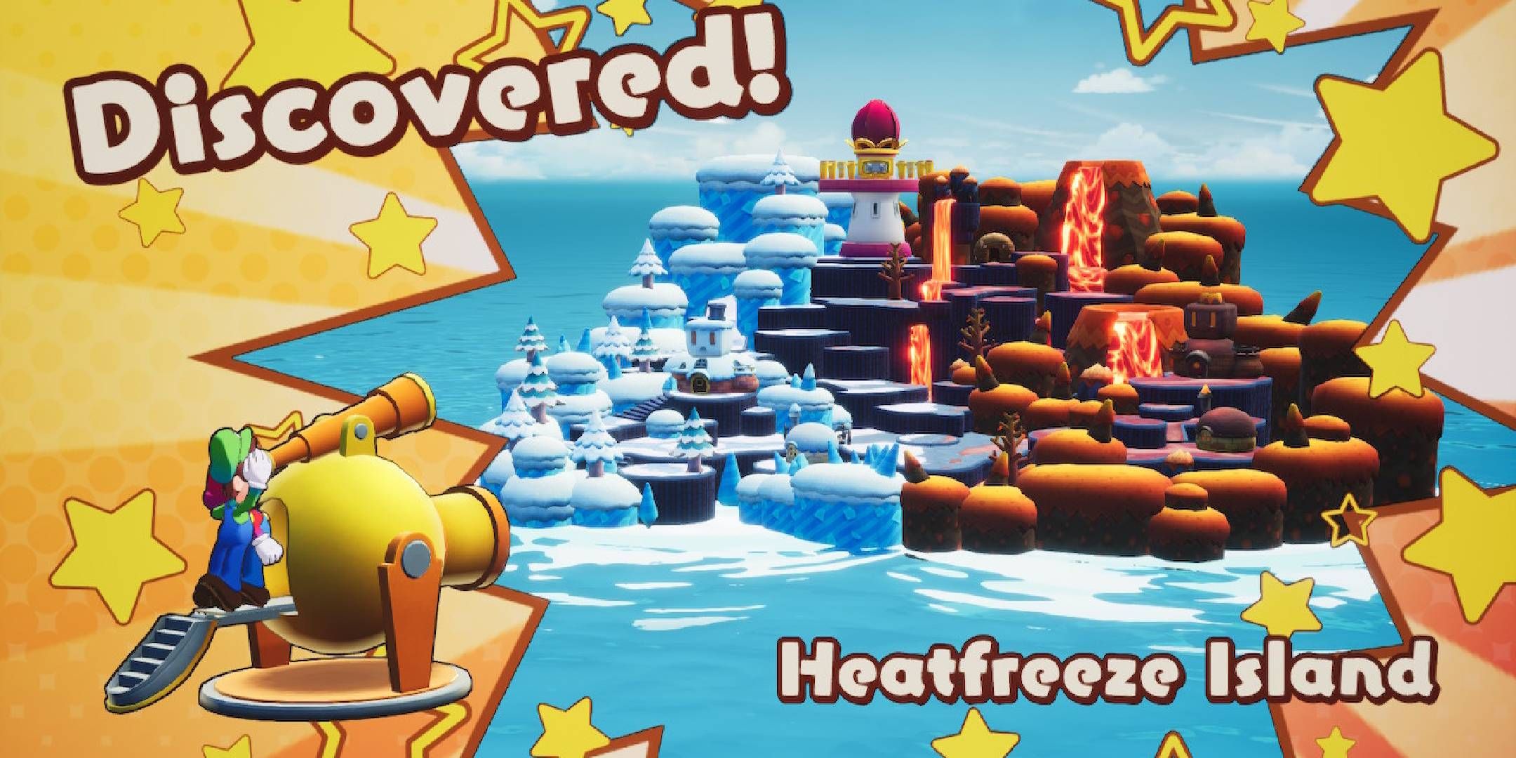 Mario & Luigi Brothership intro screen for Heatfreeze Island.