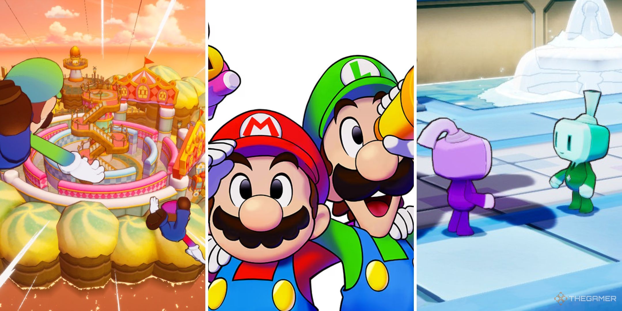 Mario & Luigi Brothership collage with Lottacoins and Merrygo Island.